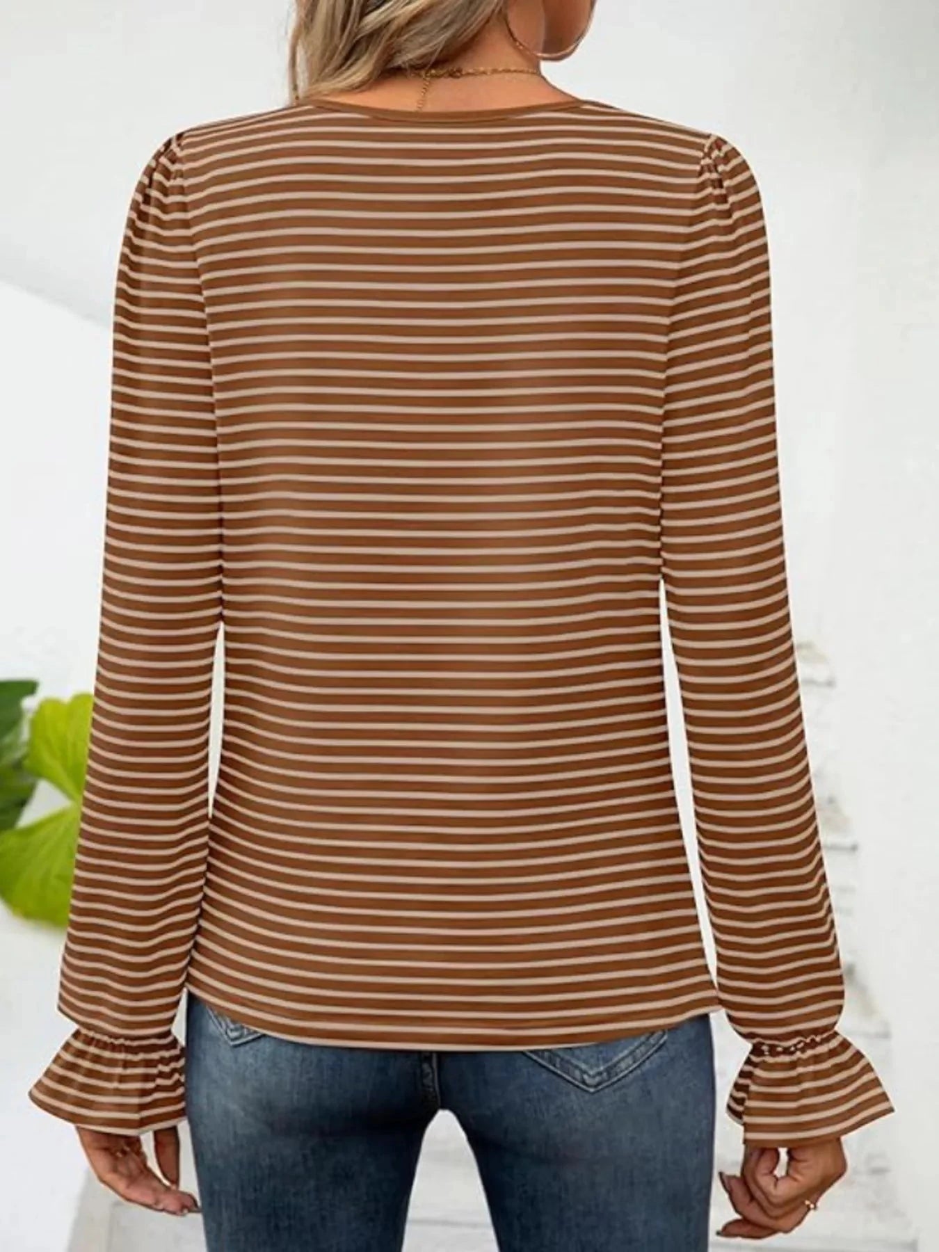 Striped Long Sleeve T-Shirt with Square Neckline
