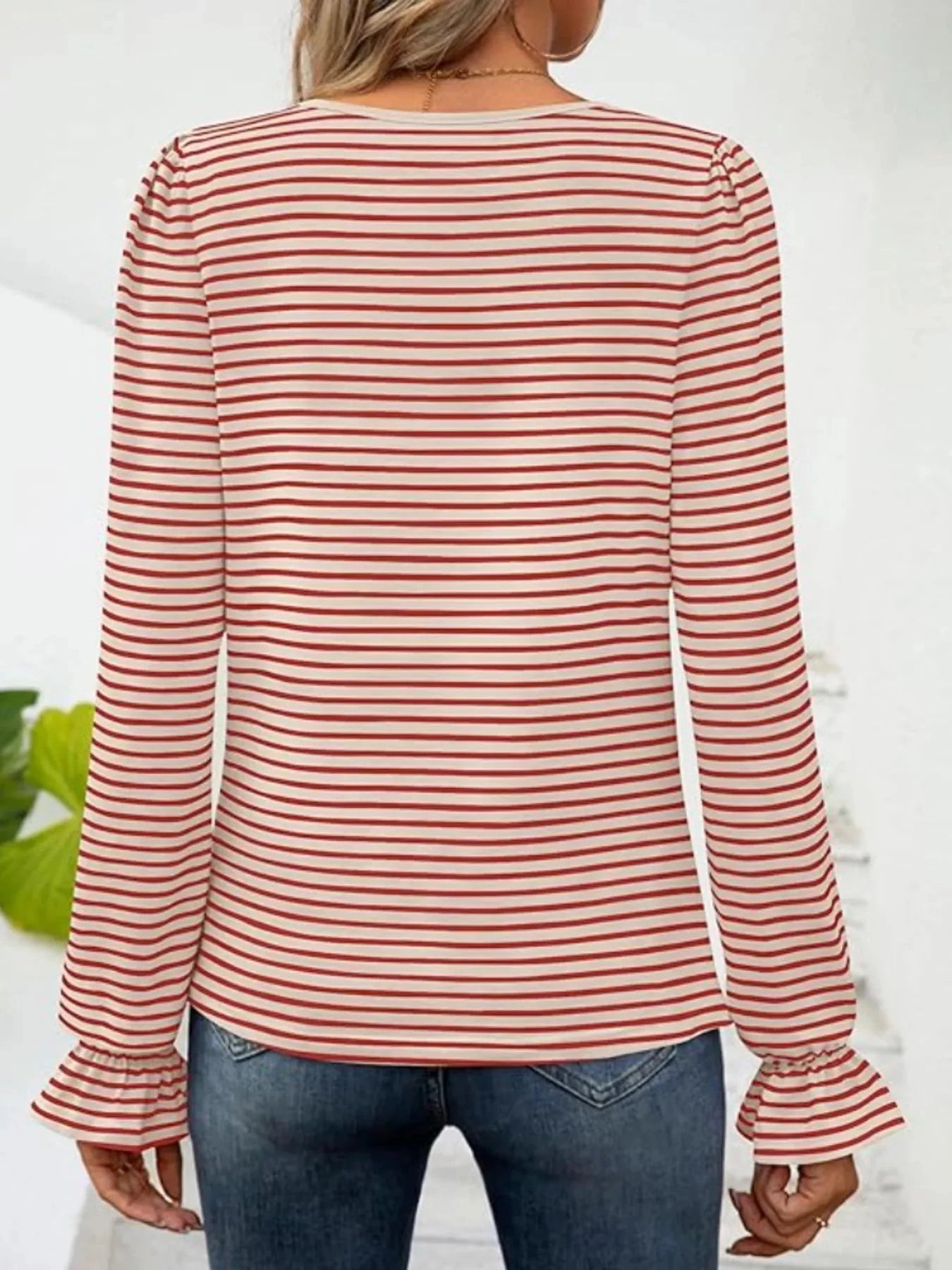 Striped Long Sleeve T-Shirt with Square Neckline