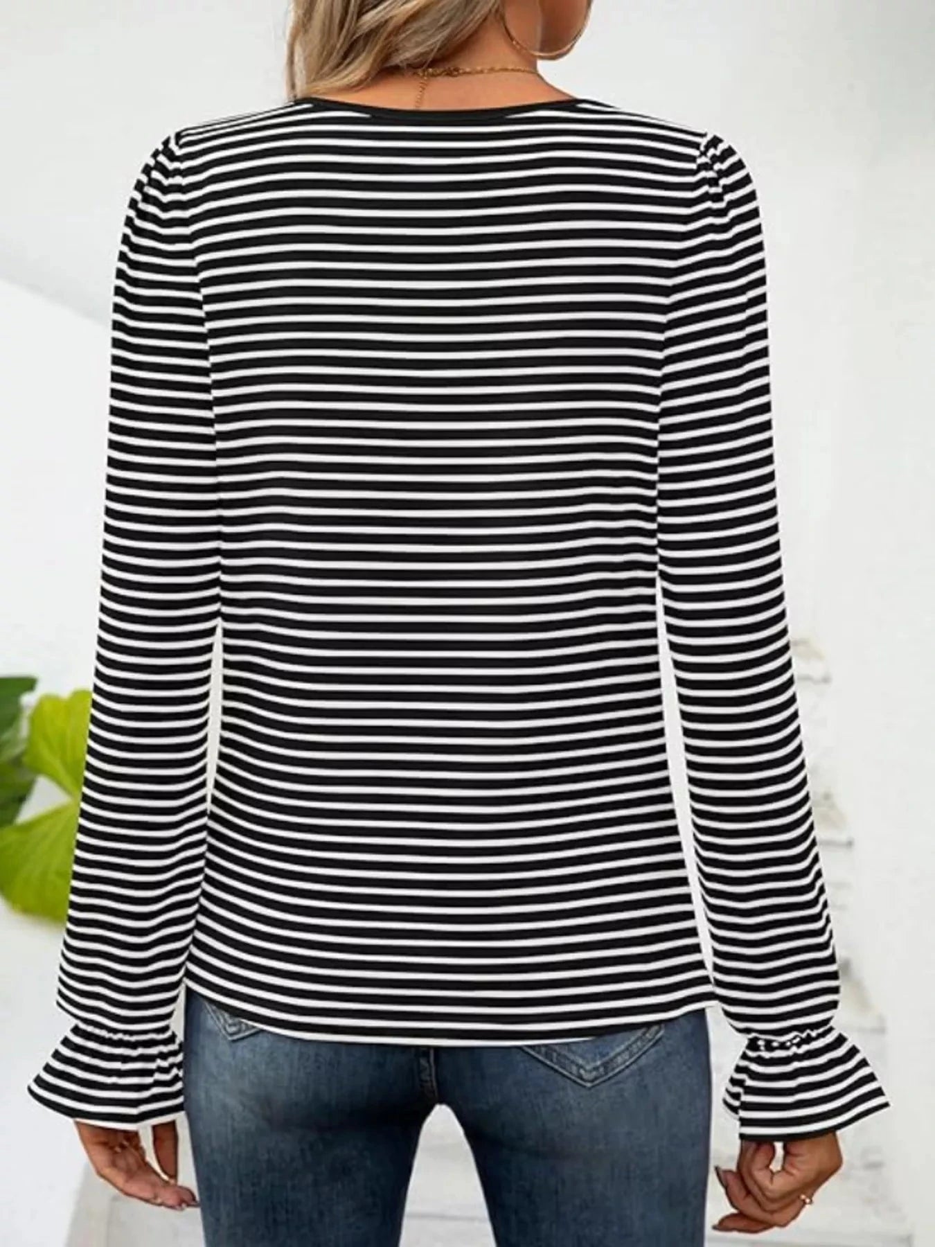 Striped Long Sleeve T-Shirt with Square Neckline