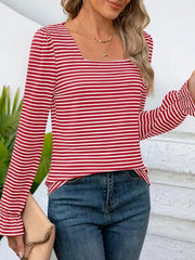 Striped Long Sleeve T-Shirt with Square Neckline