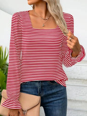 Striped Long Sleeve T-Shirt with Square Neckline Red / S