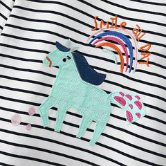 Striped Long-Sleeve T-Shirt with Unicorn and Rainbow Applique