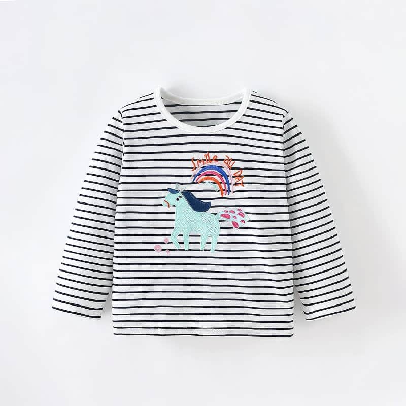 Striped Long-Sleeve T-Shirt with Unicorn and Rainbow Applique 2-3 Years / White