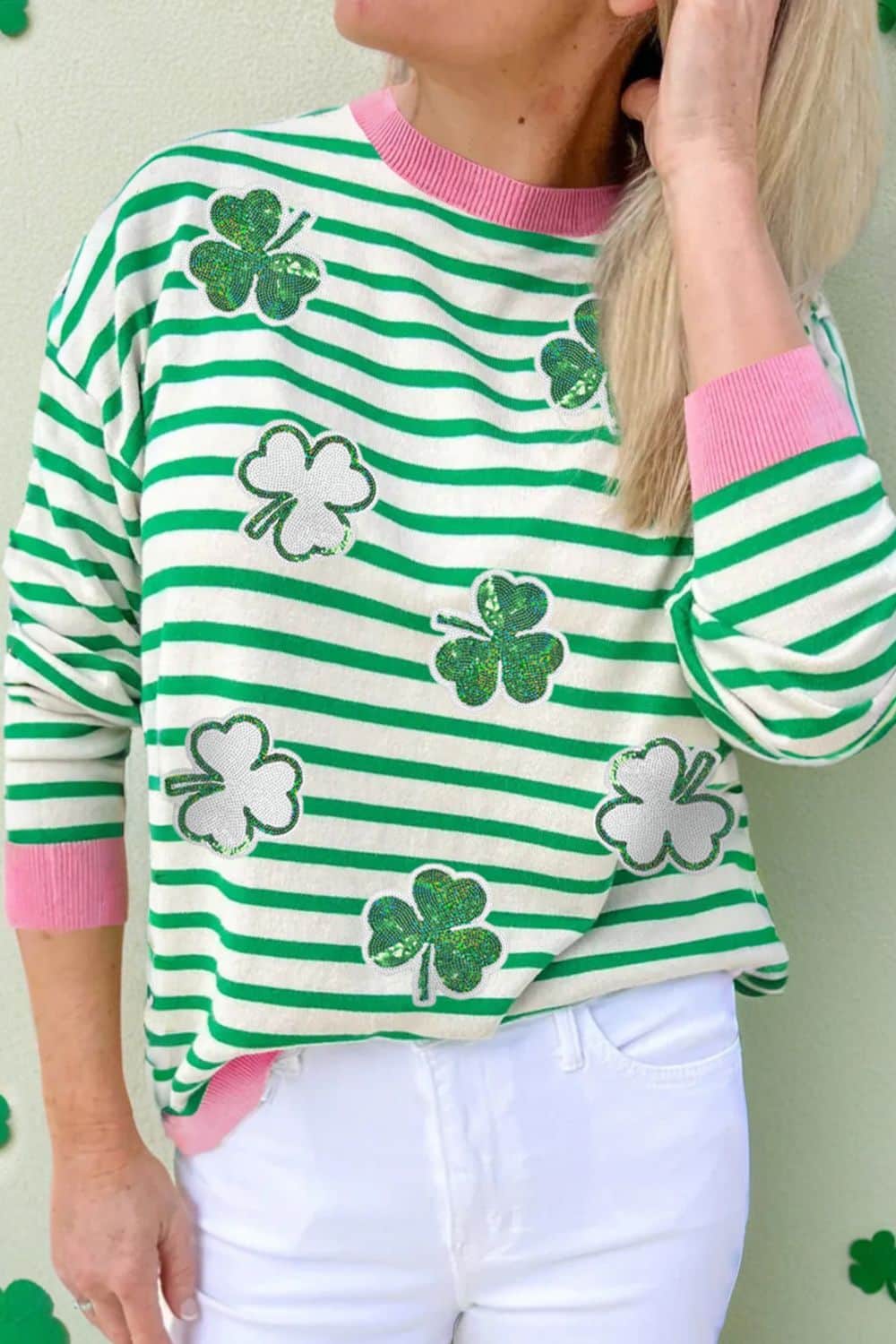 Striped Lucky Clover Long Sleeve Sweatshirt Gum Leaf / S
