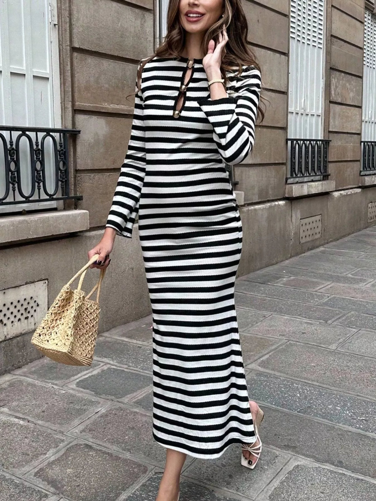 Striped Metal Buckle Bodycon Midi Dress Stripe / S