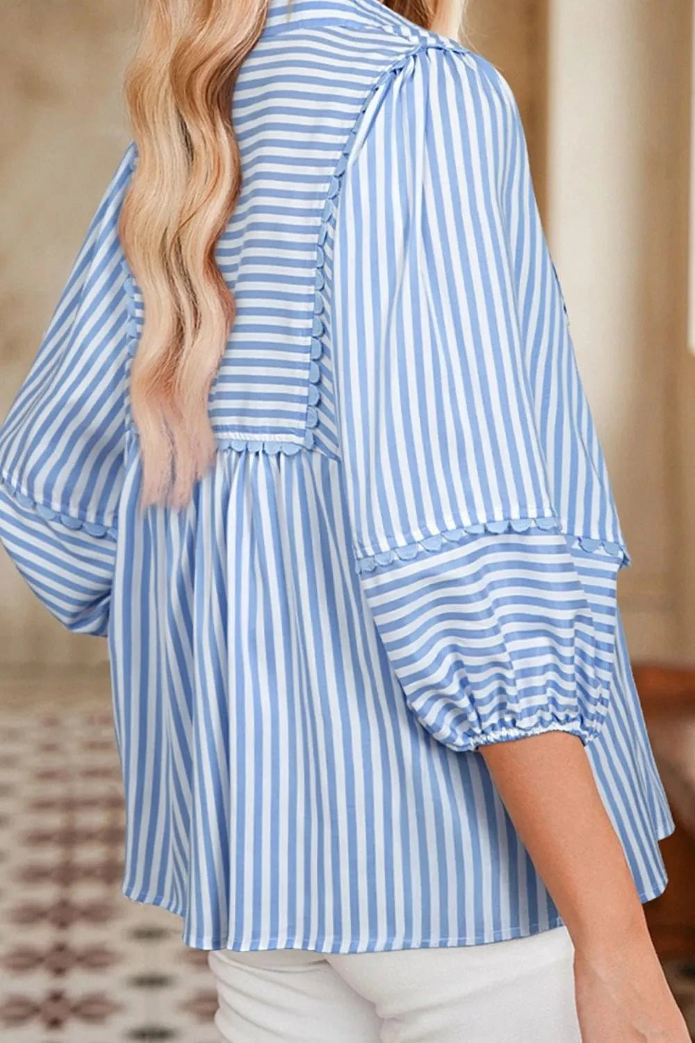 Striped Notched 3/4 Sleeve Blouse