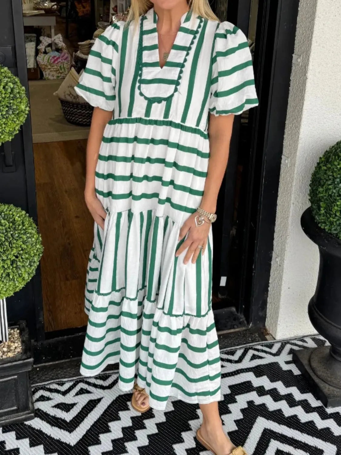 Striped Notched Puff Sleeve Midi Dress Green / S