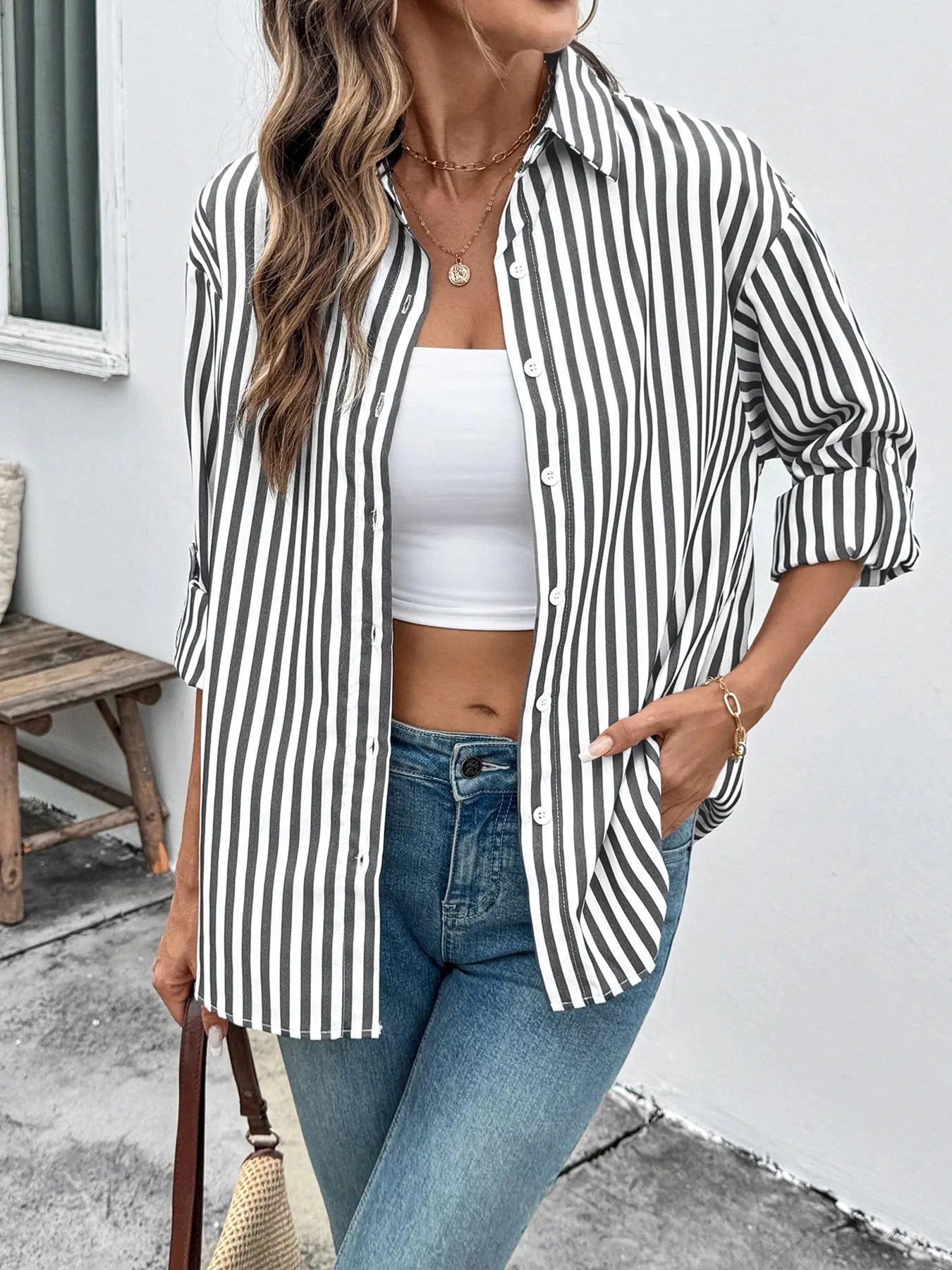 Striped Oversized Button-Up Shirt Black / S
