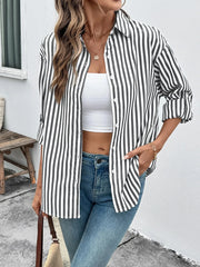 Striped Oversized Button-Up Shirt Black / S