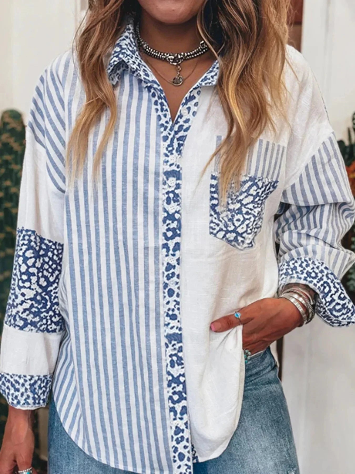 Striped Patchwork Button Down Shirt with Leopard Print Details Light Blue / S
