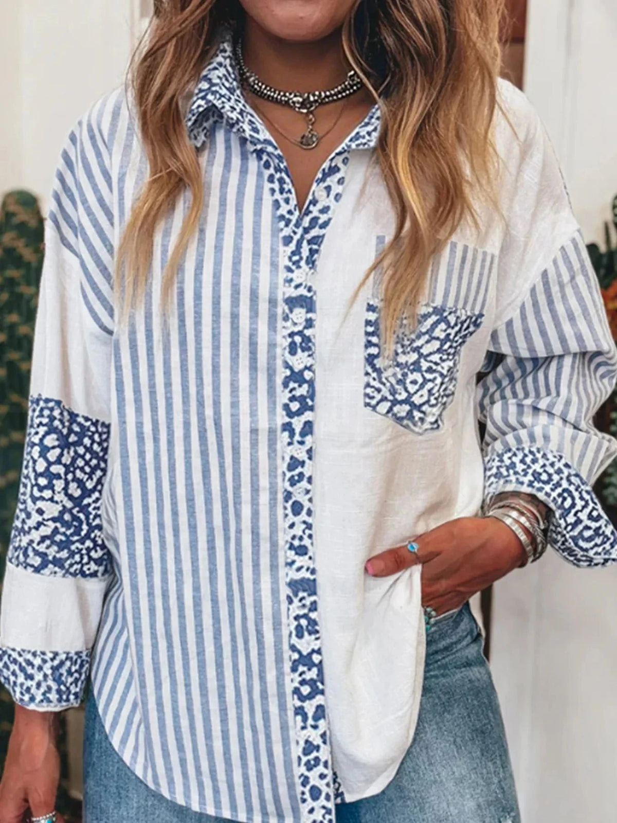 Striped Patchwork Button Down Shirt with Leopard Print Details Light Blue / S