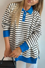 Striped Polo Collar Long Sleeve Sweatshirt Stripe / S