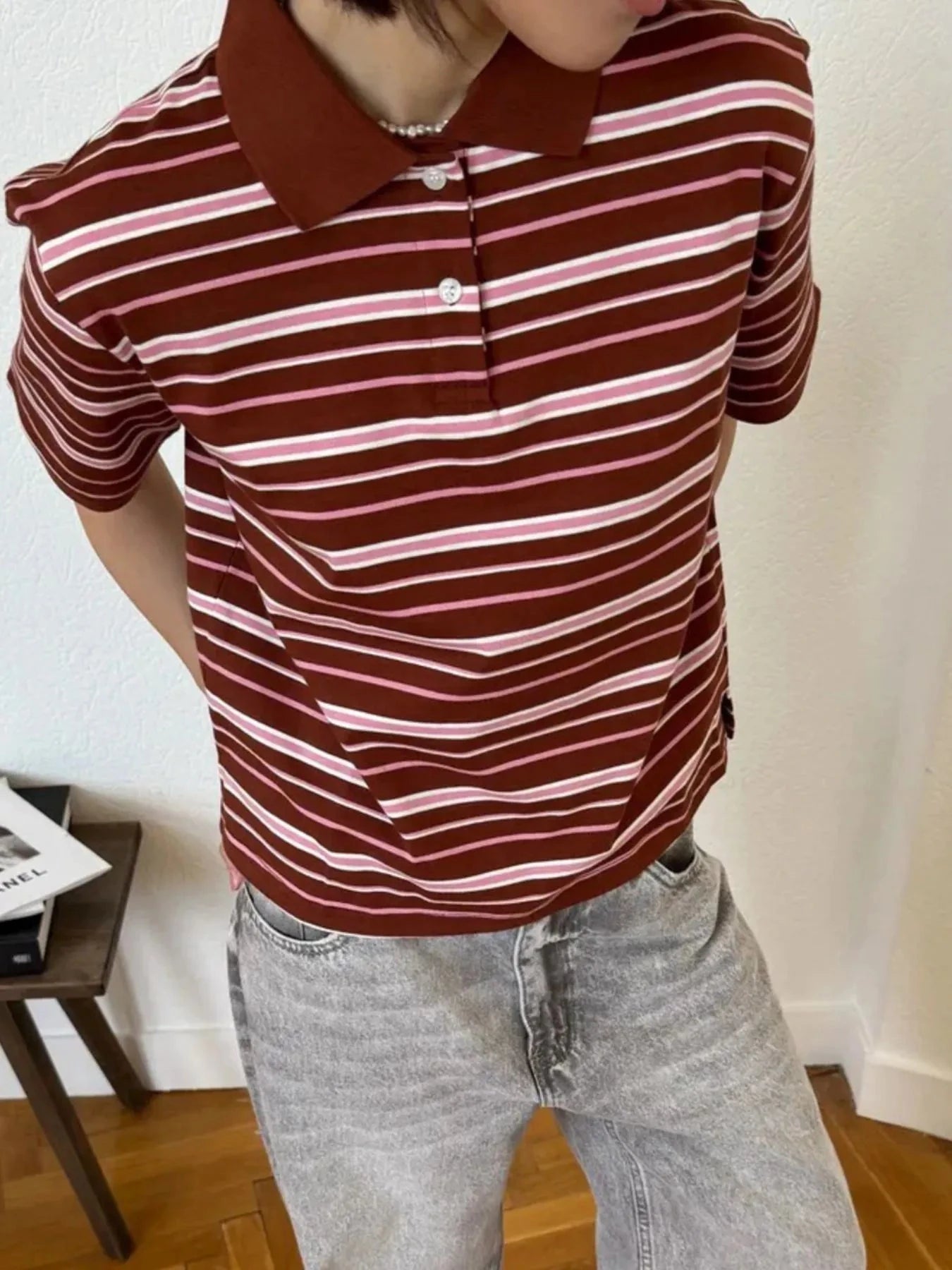 Striped Polo T-Shirt with Contrast Collar