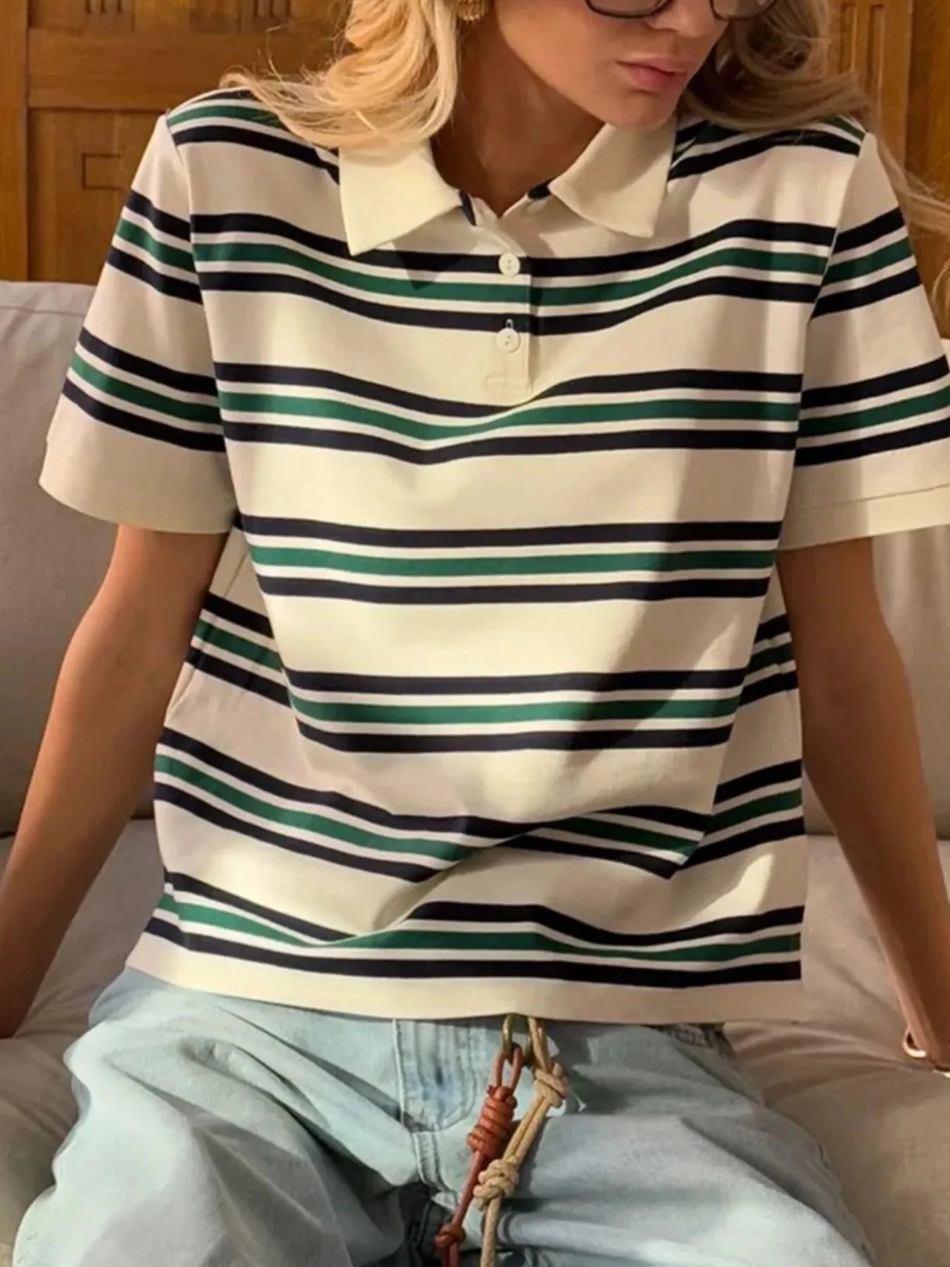 Striped Polo T-Shirt with Contrast Collar