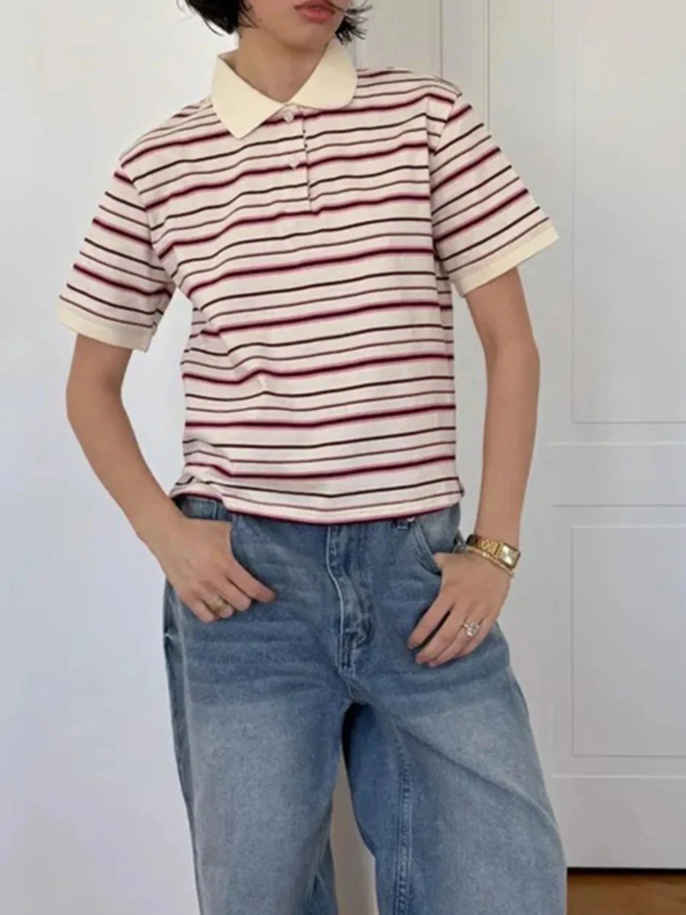 Striped Polo T-Shirt with Contrast Collar