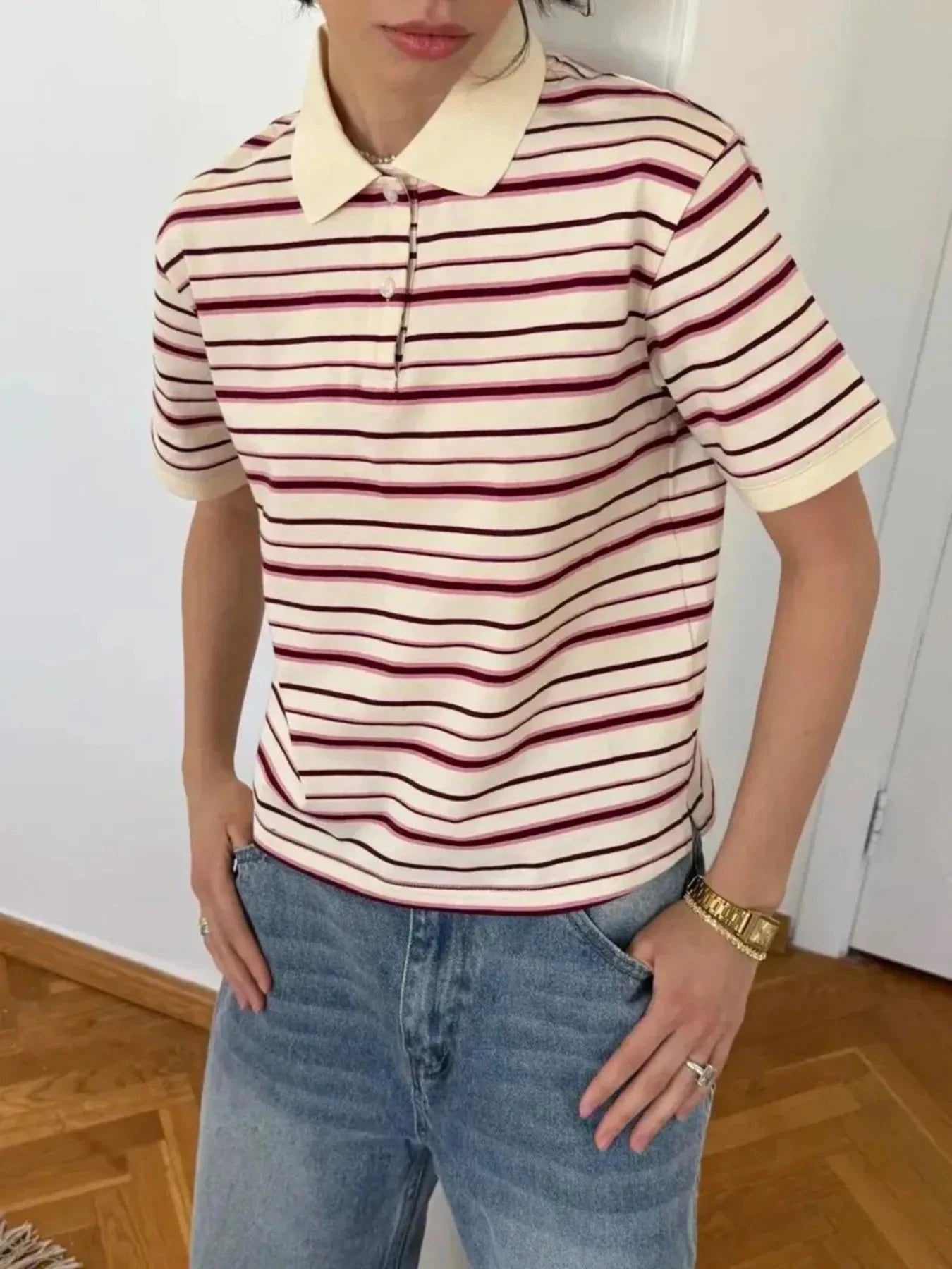 Striped Polo T-Shirt with Contrast Collar Apricot / S