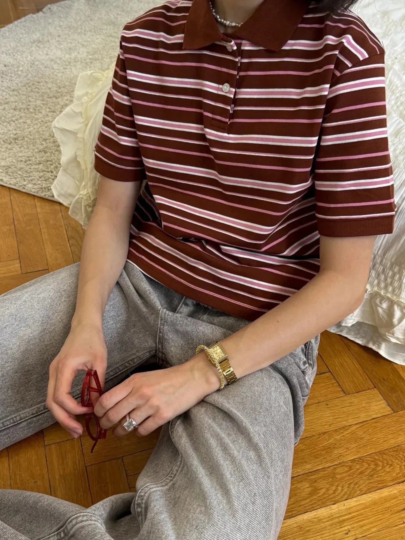 Striped Polo T-Shirt with Contrast Collar Coffee Color / S