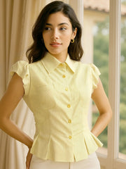 Striped Puff Sleeve Button-Up Shirt Yellow / S