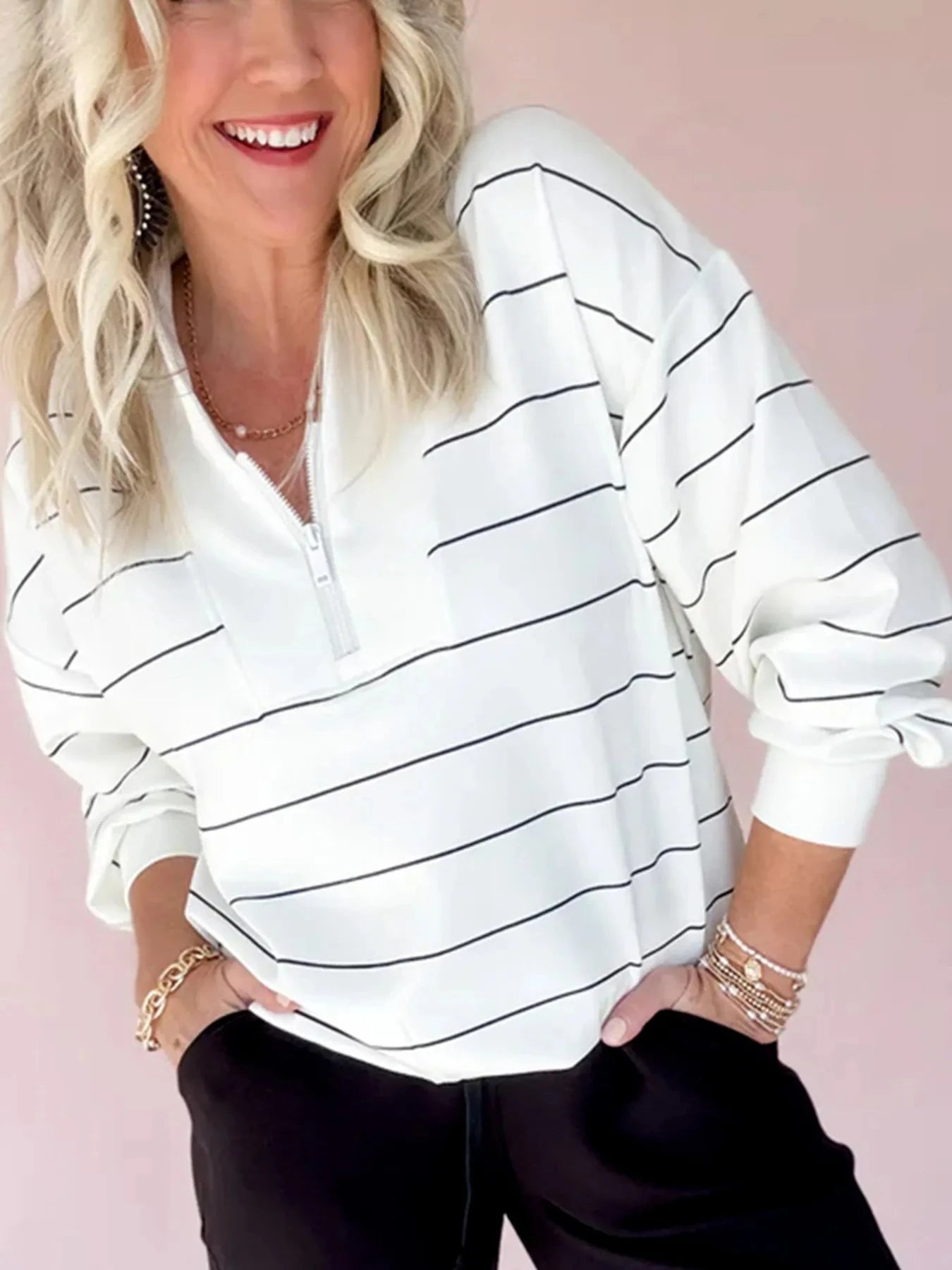 Striped Quarter Zip Sweatshirt with Relaxed Fit