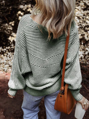 Striped Ribbed Knit Boat Neck Baggy Sweater