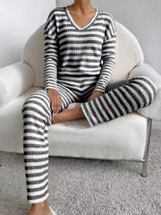 Striped Ribbed Knit Top and Pants Set