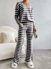 Striped Ribbed Knit Top and Pants Set Black / S