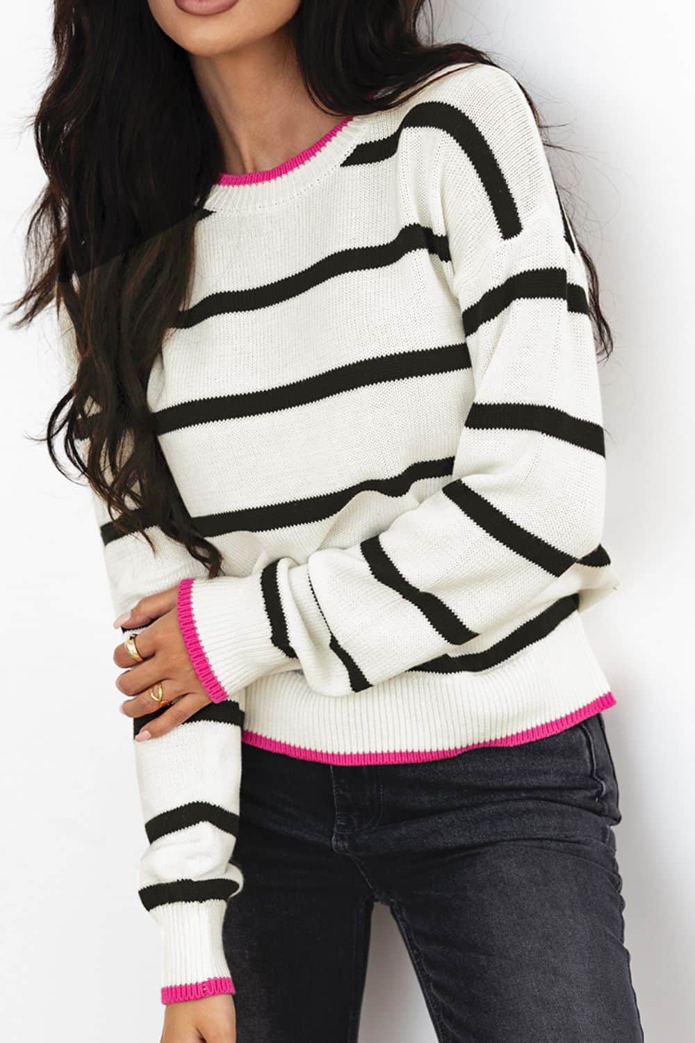 Striped Round Neck Drop Shoulder Sweater Stripe / S