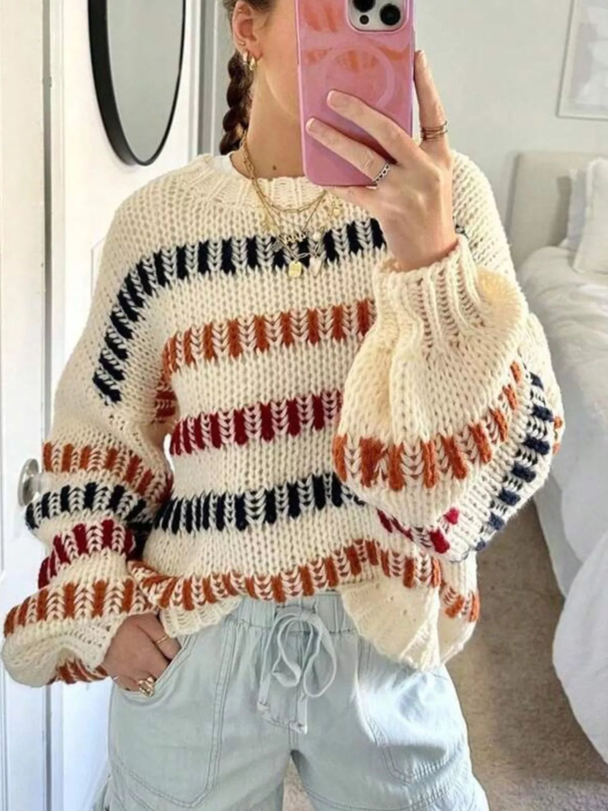 Striped Round Neck Long Sleeve Sweater Beige / S