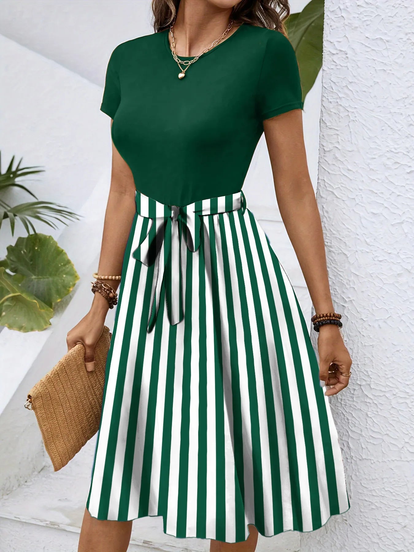 Striped Round Neck Short Sleeve Dress Dark Green / S