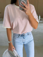 Striped Round Neck Short Sleeve T-Shirt Pink / S