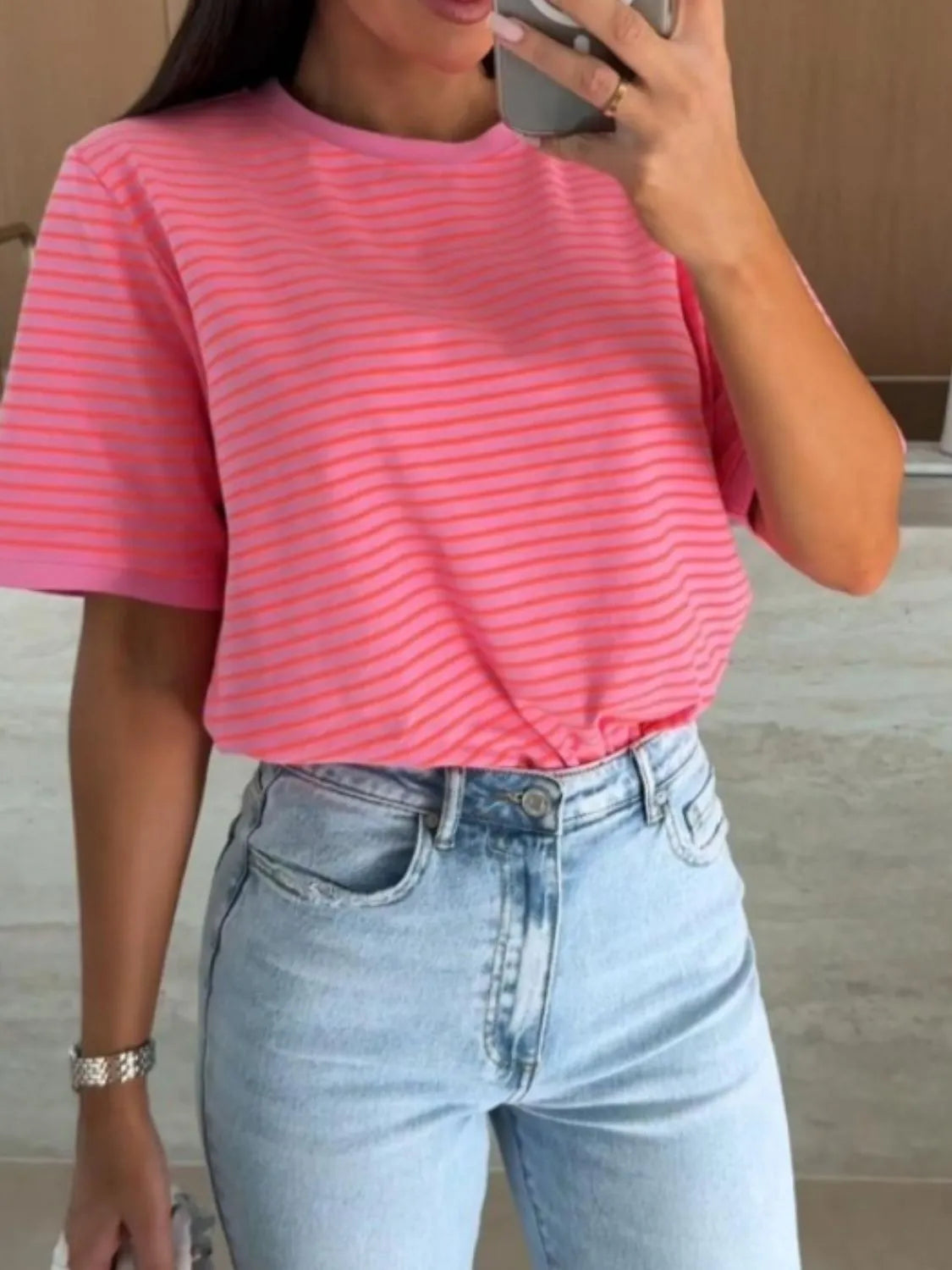 Striped Round Neck Short Sleeve T-Shirt Rose Red / S
