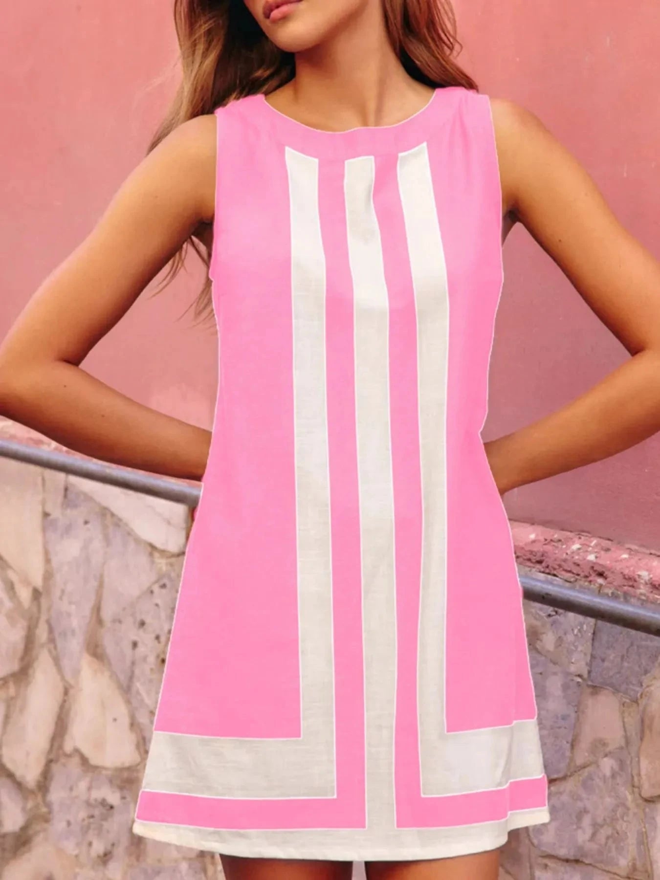 Striped Round Neck Sleeveless Dress Pink / S