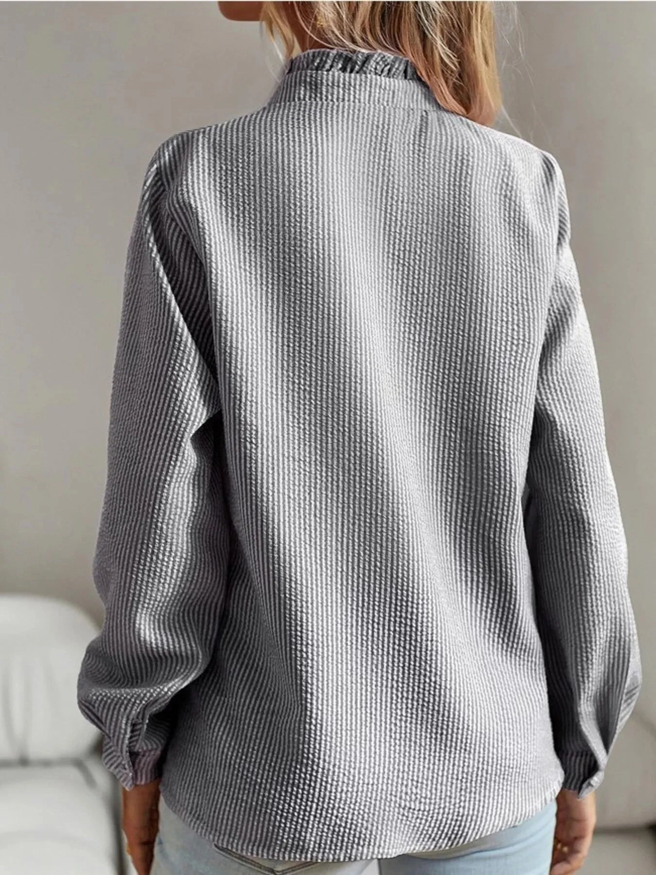 Striped Ruffle Detail Button-Up Blouse