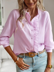 Striped Ruffle Detail Button-Up Blouse Pink / S