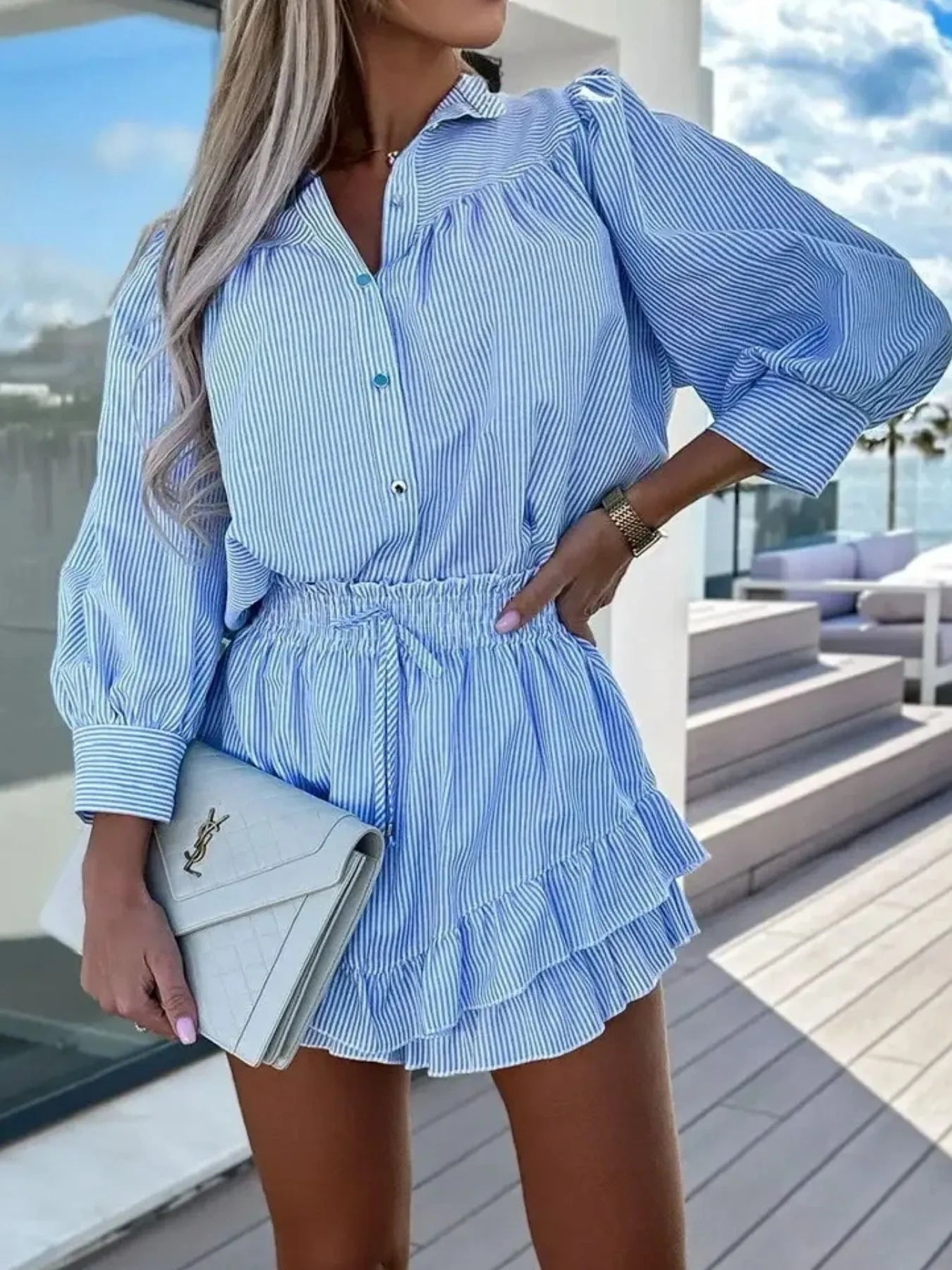 Striped Shirt and Skirt Set with Ruffle Details Stripes / S