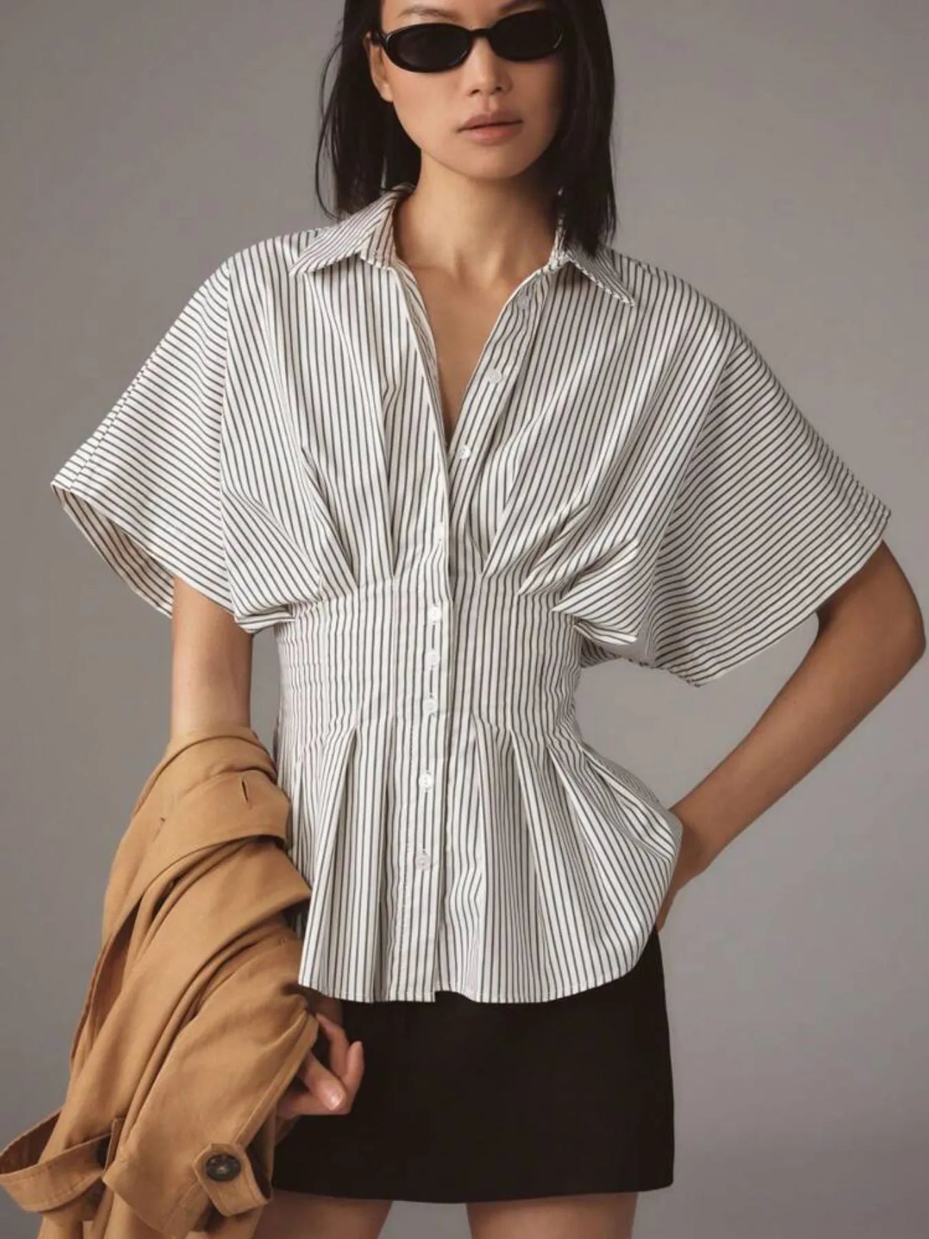 Striped Short Sleeve Button-Up Shirt Light Gray / S