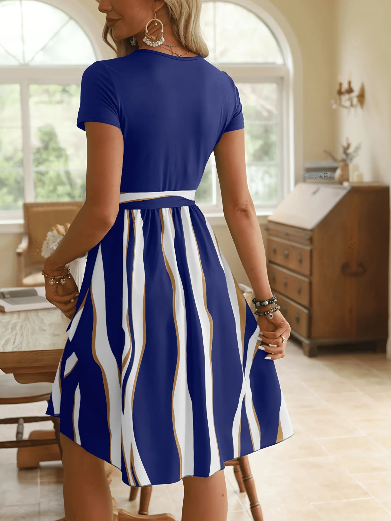 Striped Short Sleeve Tie Waist Dress