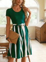 Striped Short Sleeve Tie Waist Dress