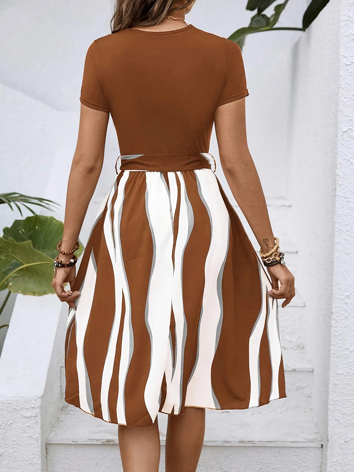 Striped Short Sleeve Tie Waist Dress