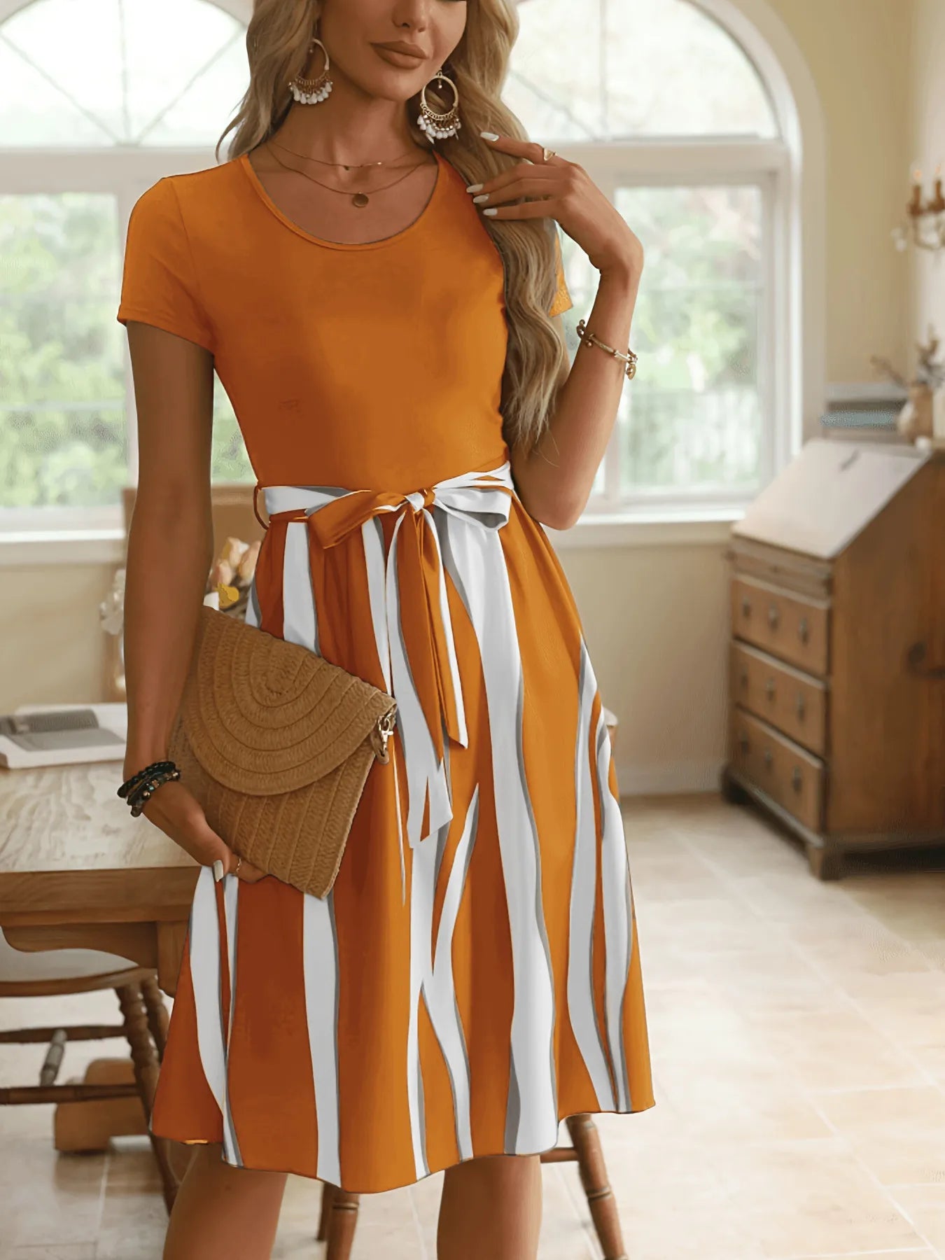 Striped Short Sleeve Tie Waist Dress Orange / S