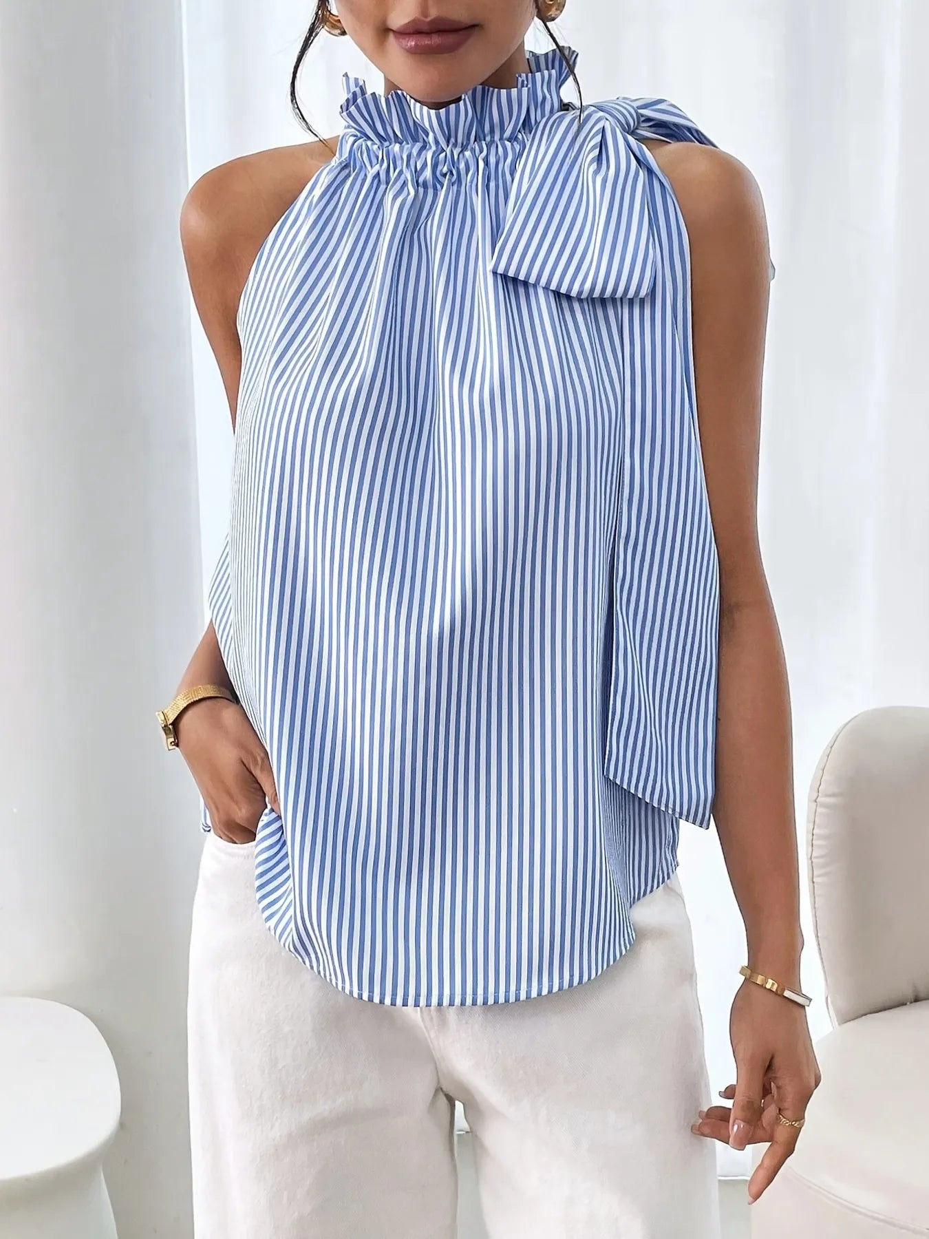 Striped Sleeveless Blouse with Bow Tie Detail