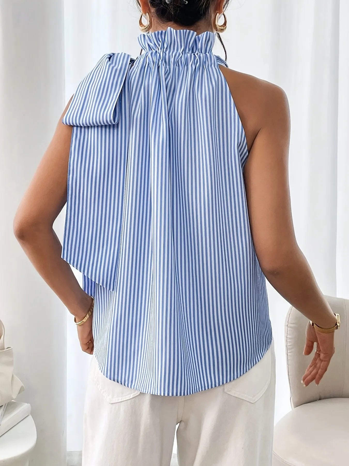 Striped Sleeveless Blouse with Bow Tie Detail
