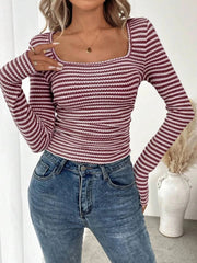Striped Square Neck Long Sleeve T-Shirt