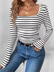 Striped Square Neck Long Sleeve T-Shirt