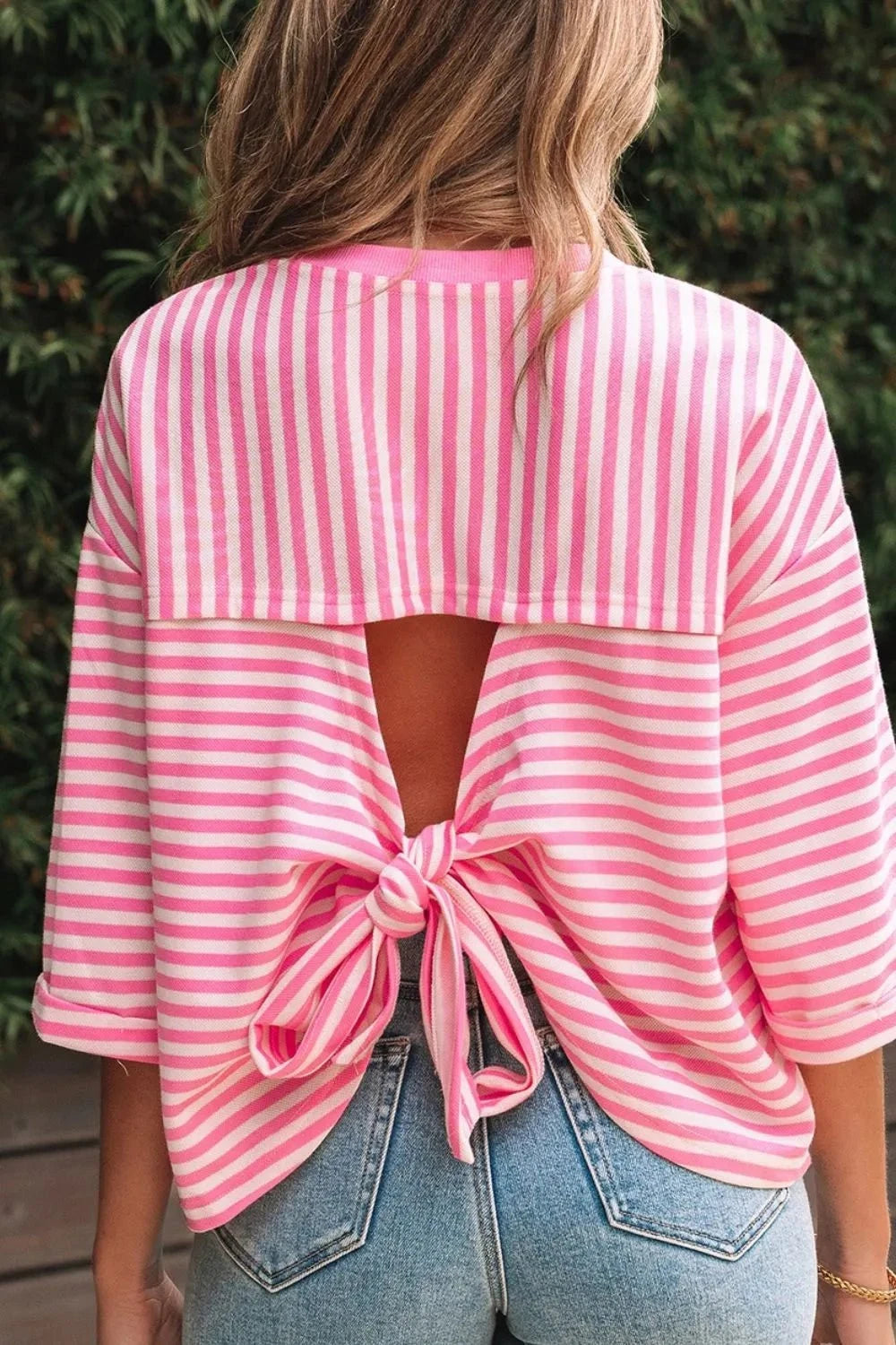 Striped Tie-Back Blouse with Cutout Detail