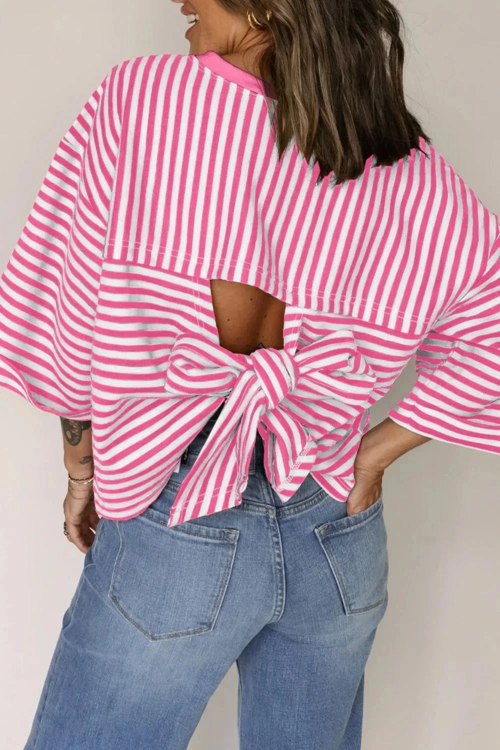 Striped Tie-Back Blouse with Cutout Detail