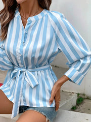 Striped Tie Waist Button Down Shirt