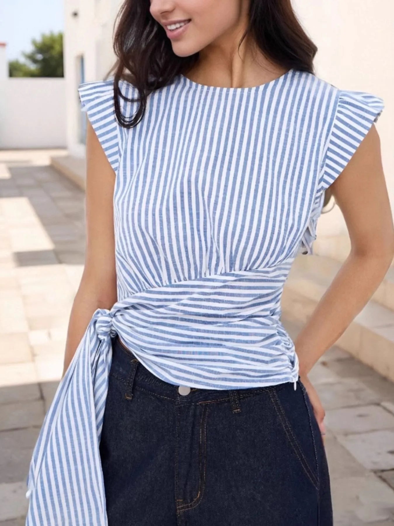 Striped Tied Cap Sleeve Blouse Light Blue / S