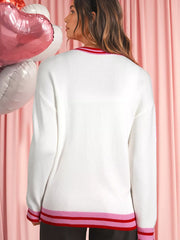 Striped Trim Bow Graphic Round Neck Drop Shoulder Sweater