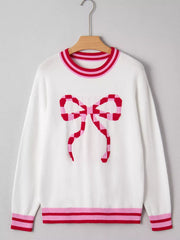 Striped Trim Bow Graphic Round Neck Drop Shoulder Sweater